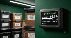 Hygrometer mounted in tobacco storage area showing humidity and temperature reading