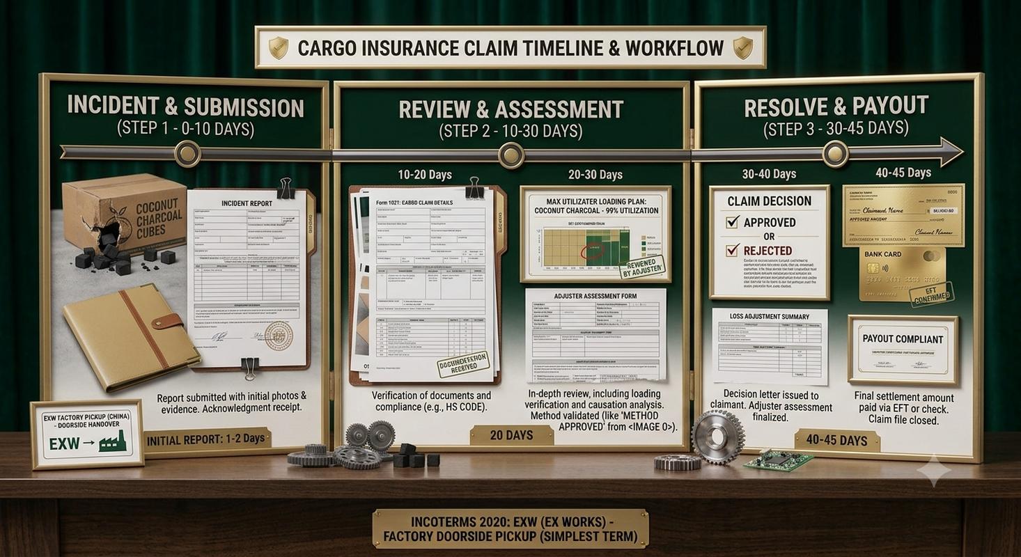 Insurance claim timeline showing report, document submission, review, and payout stages