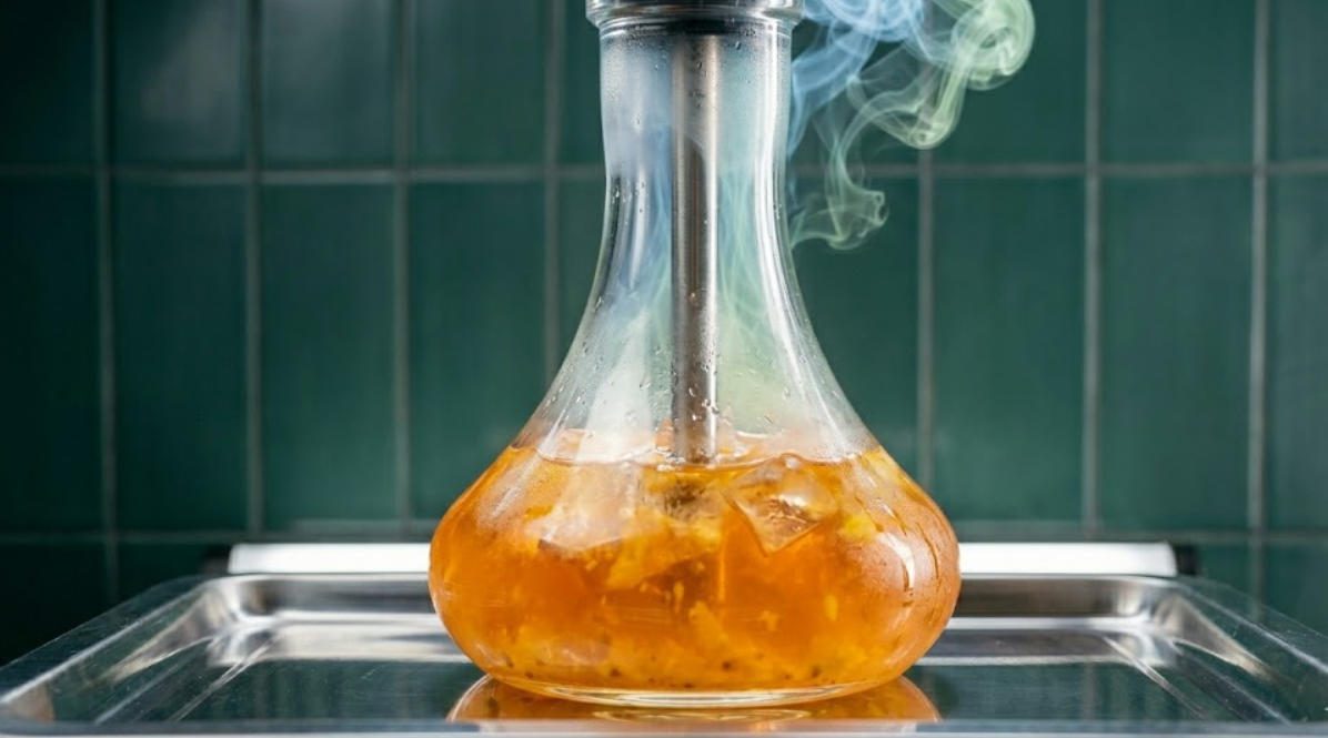 Juice and tea base with visible fruit pulp and ice cubes for flavored smoking experience
