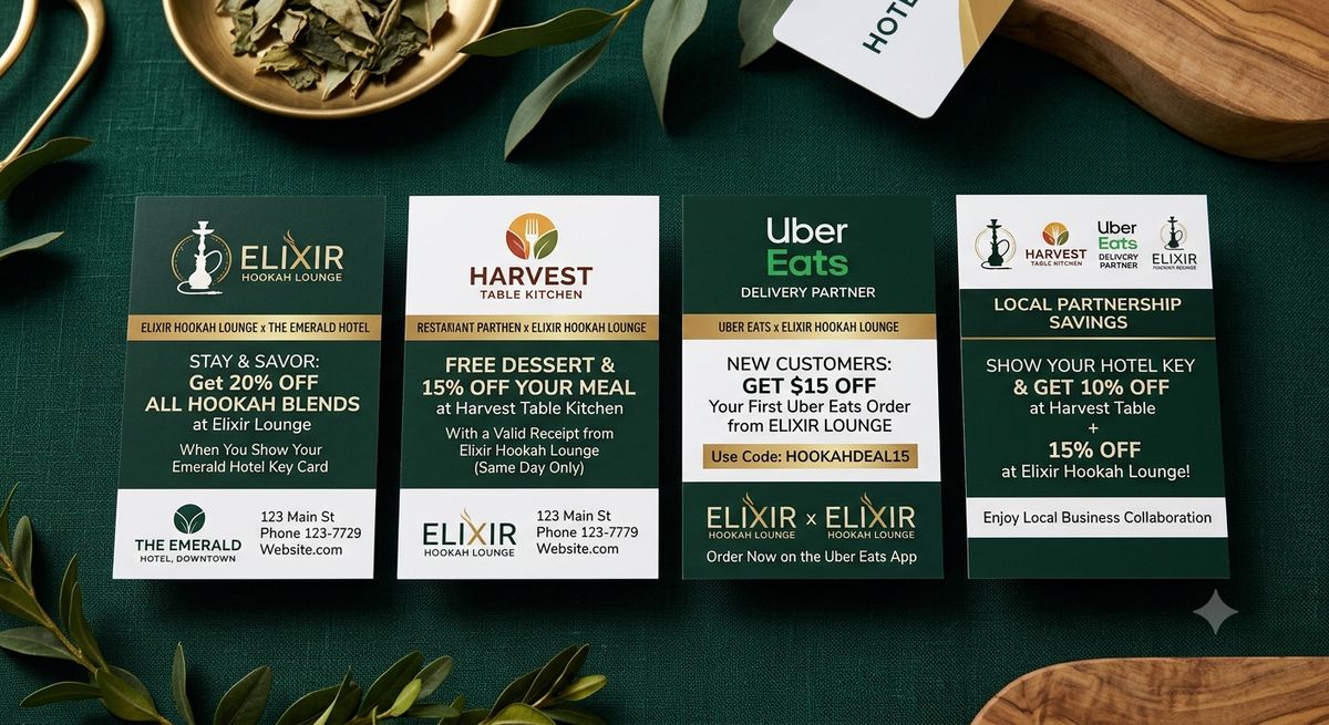 Local partnership cross-promotion cards with nearby hotels and restaurants