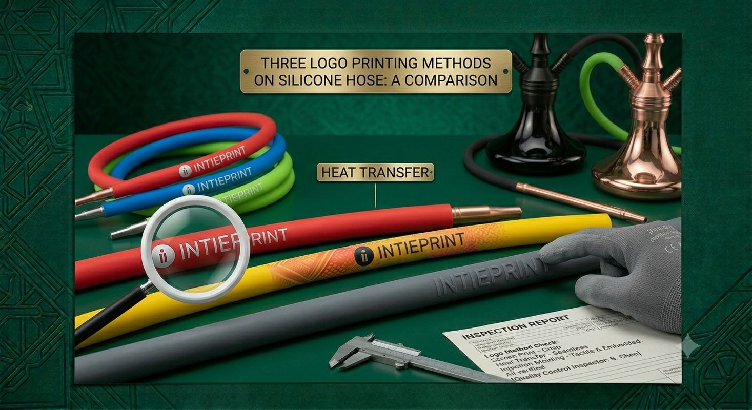A comparison product photography showing three logo printing methods on silicone hoses: screen printing with crisp ink, heat transfer with durable bond, and injection molding with permanent embedded logo. Each method's appearance is compared. Dark emerald green background.