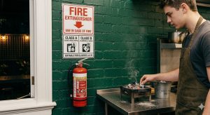 Lounge fire extinguisher showing correct type and placement per fire safety regulations
