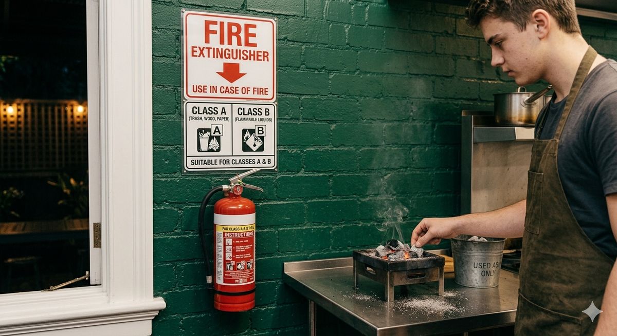 Lounge fire extinguisher showing correct type and placement per fire safety regulations