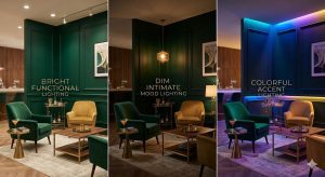 Lounge lighting comparison showing bright, dim, and colored LED ambiance effects
