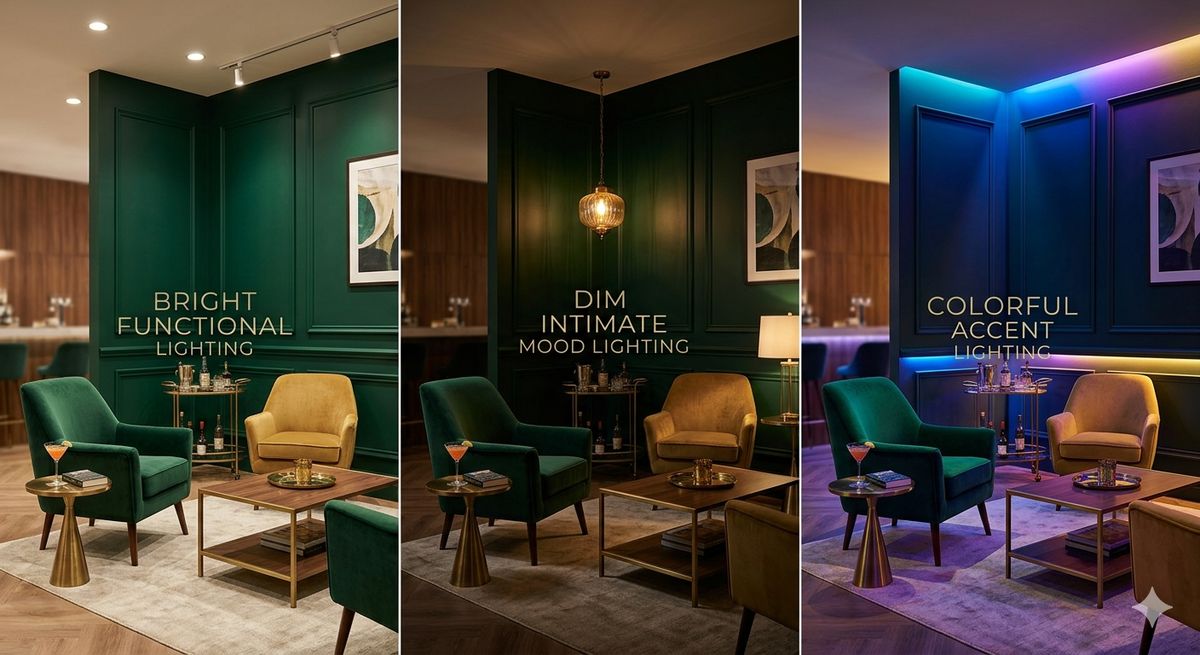 Lounge lighting comparison showing bright, dim, and colored LED ambiance effects