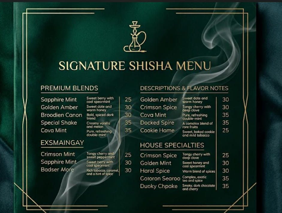 Menu interior layout showing flavor descriptions, tobacco brands, and pricing format