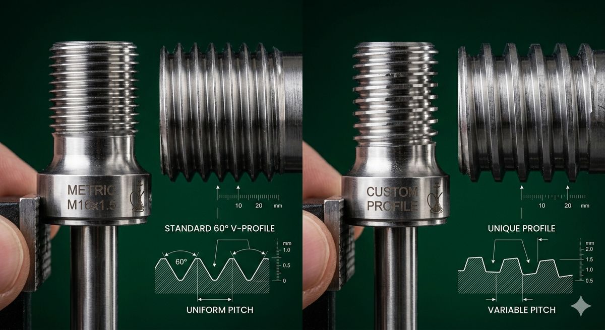 Metric versus custom hookah thread comparison showing pitch and profile differences