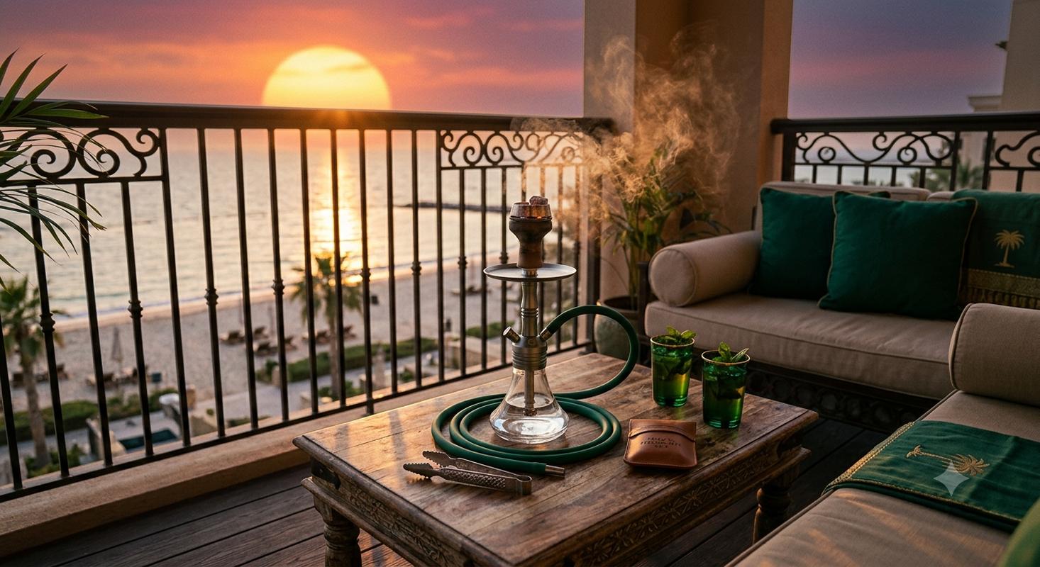Middle Eastern beach resort hookah service on balcony with portable travel hookah