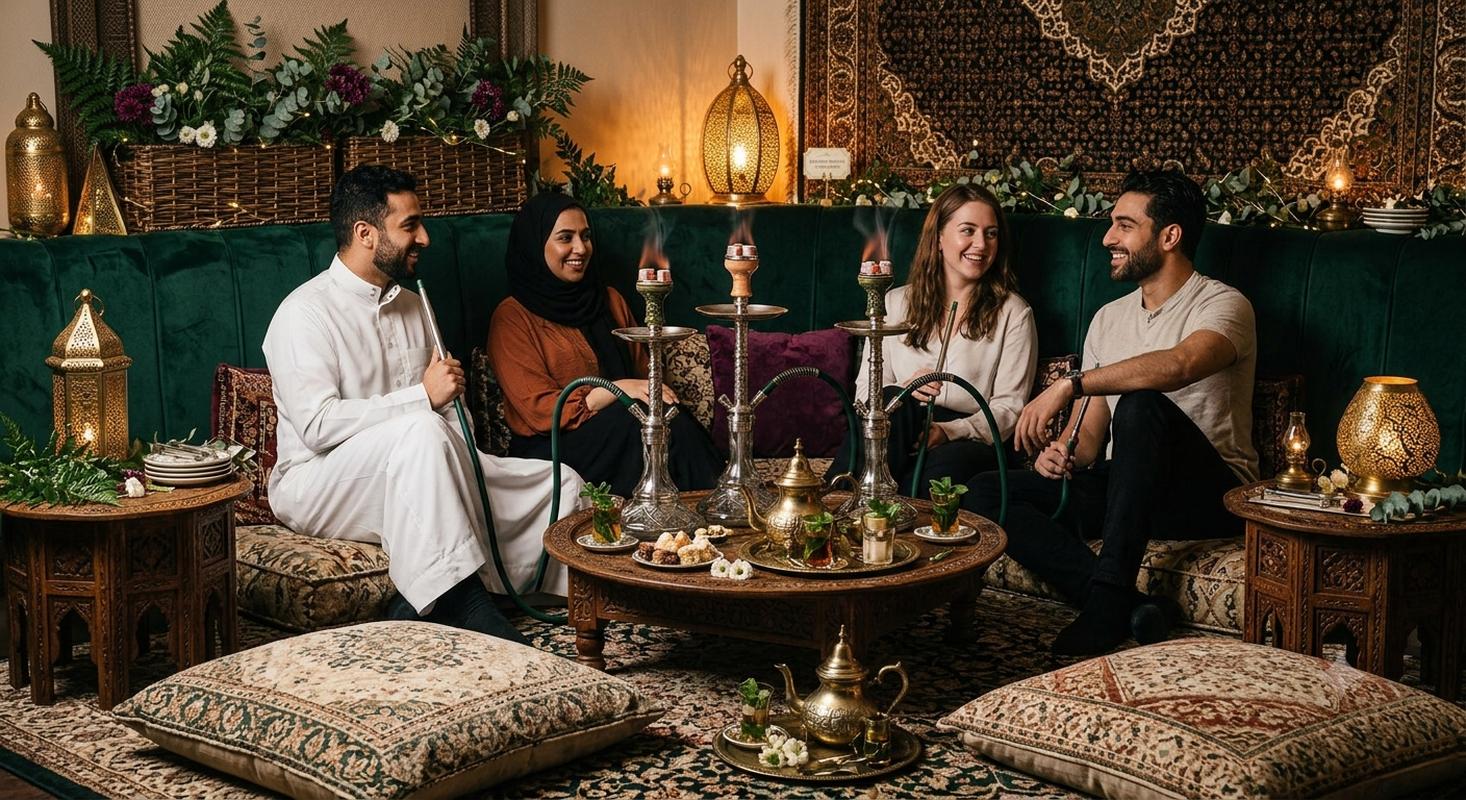 Middle Eastern lounge interior with low seating, carpet flooring, and hookah butler service