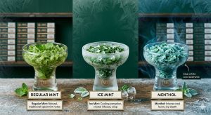 Three mint shisha types compared: regular Mint, Ice, and Menthol coolants