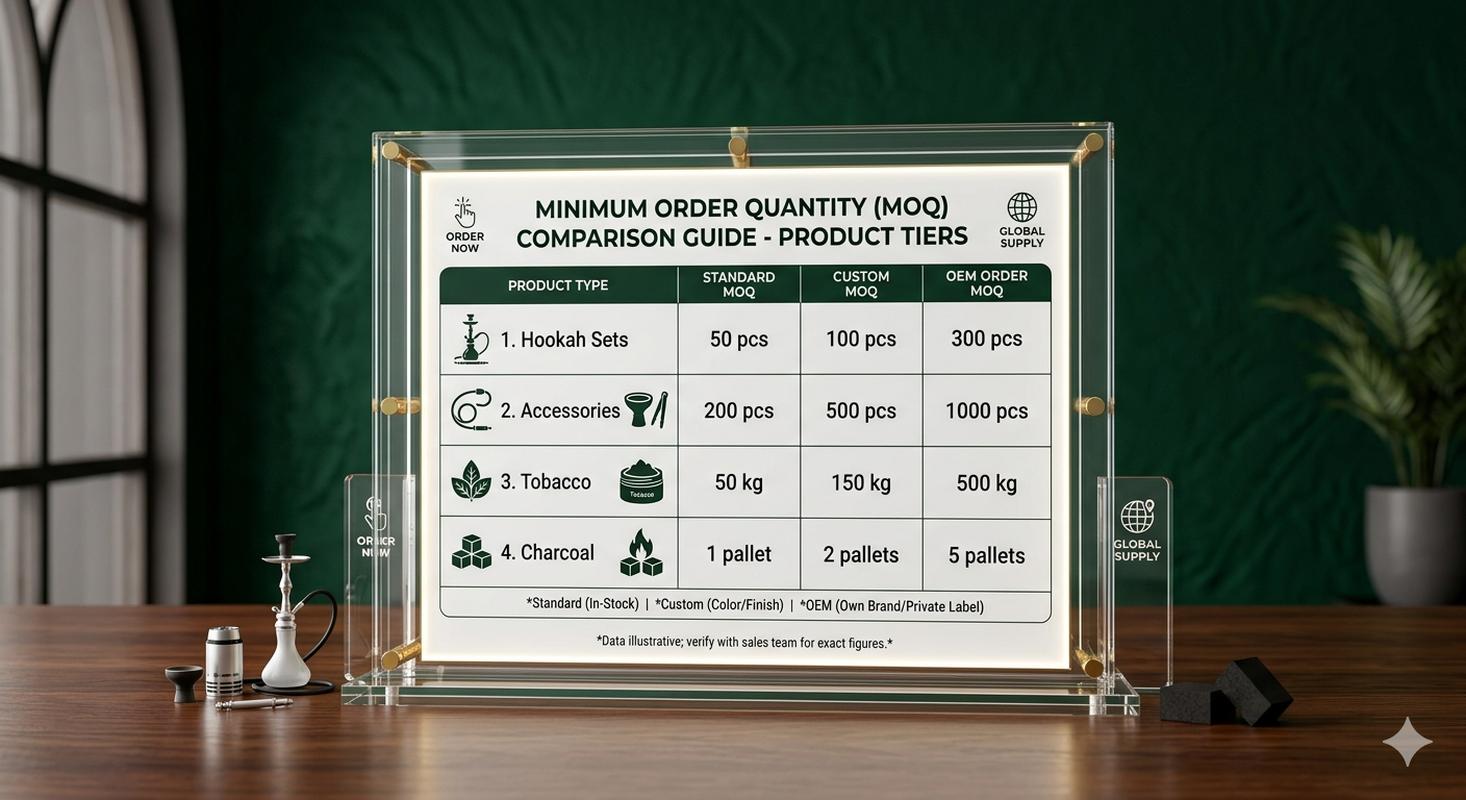 MOQ tiers comparison by product type: hookah stems, accessories, and tobacco