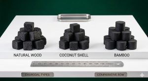 Natural wood, coconut, and bamboo charcoal three types compared for appearance and texture