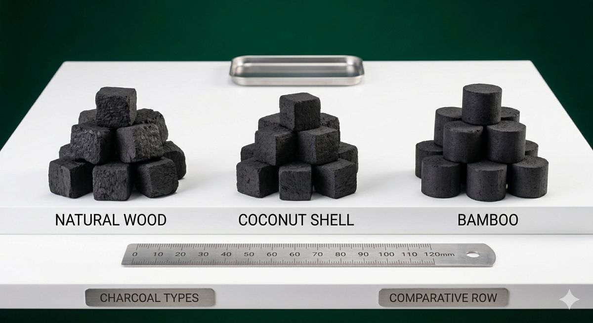 Natural wood, coconut, and bamboo charcoal three types compared for appearance and texture