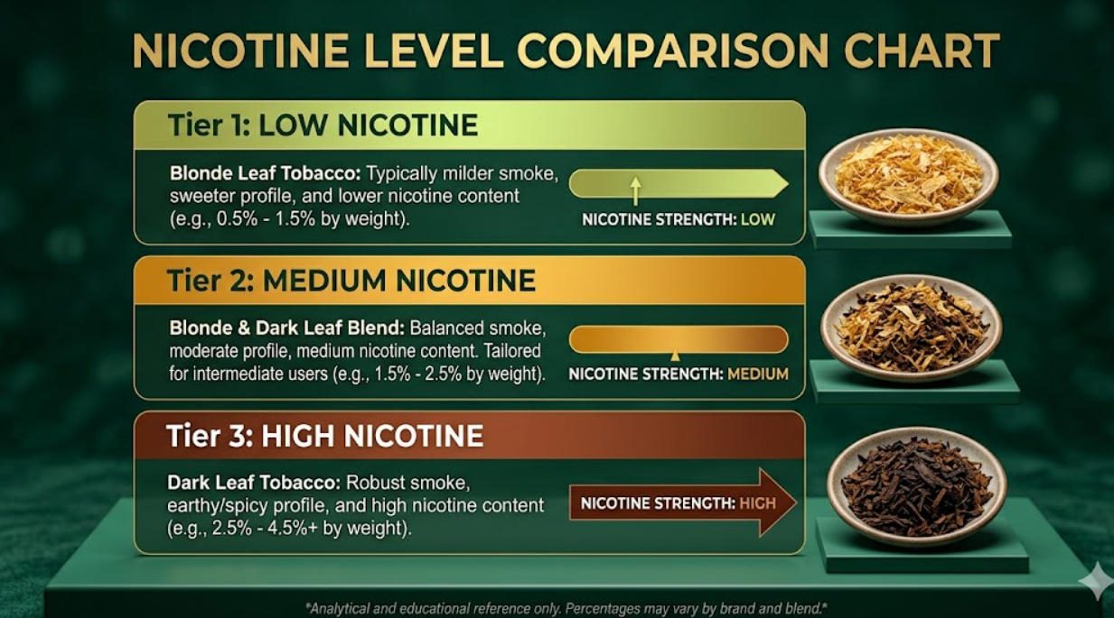 Nicotine level comparison infographic showing low, medium, and high for blonde versus dark leaf