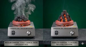 Odorous versus odorless charcoal smoke appearance and texture comparison