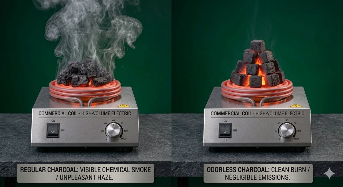 Odorous versus odorless charcoal smoke appearance and texture comparison