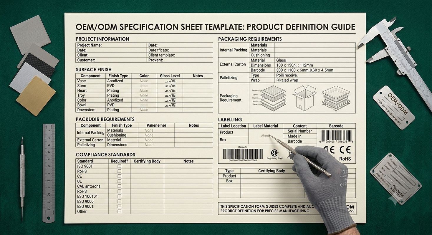 A document product photography of an OEM/ODM specification sheet template with sections for surface finish, packaging requirements, labeling, and compliance standards. The detailed spec form guides complete product definition. Dark emerald green background.