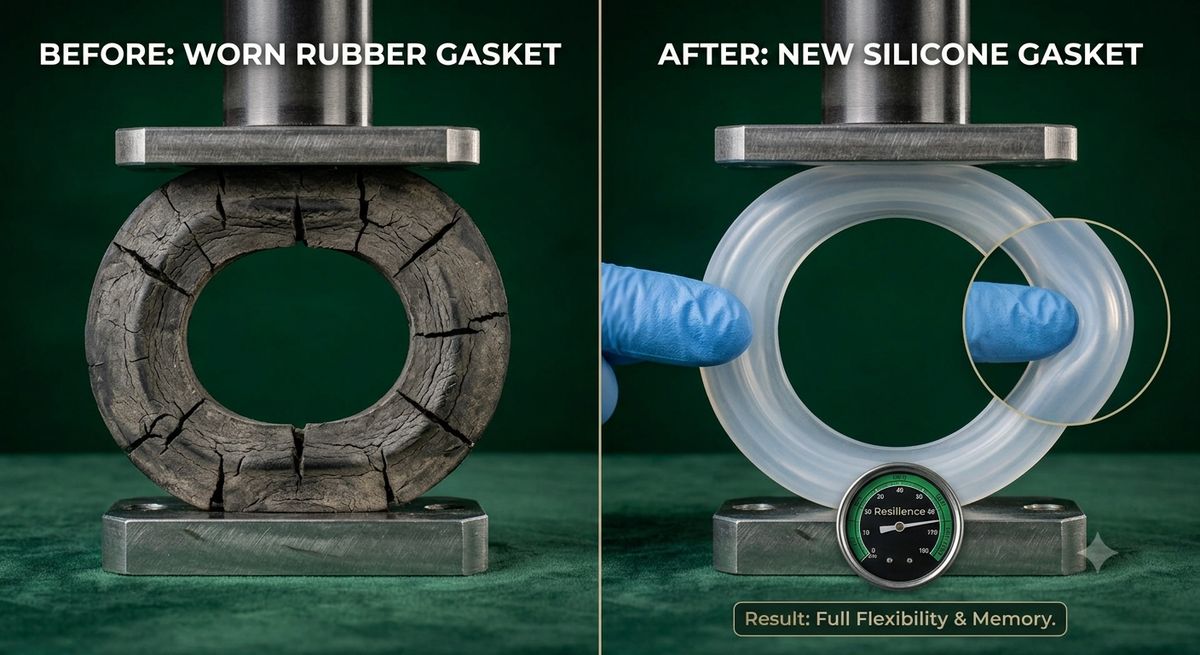 Old versus new gasket elasticity comparison showing press and rebound difference