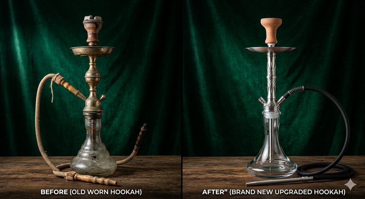 Old worn hookah versus new replacement showing visible deterioration difference