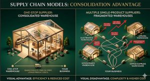 One-stop supplier warehouse versus multi-supplier sourcing comparison layout