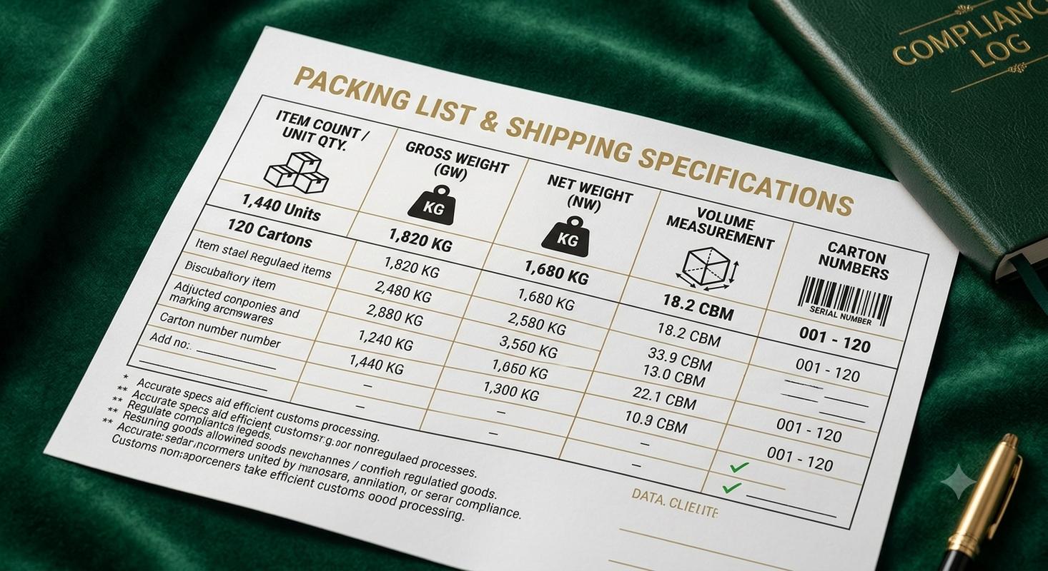 Packing list detailed format showing quantity, gross weight, volume, and case numbers