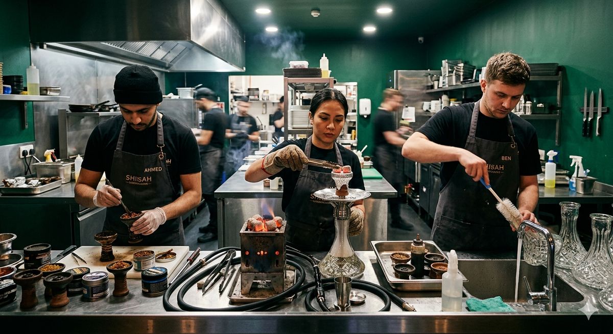 Peak hour hookah station showing busy but organized workflow during rush