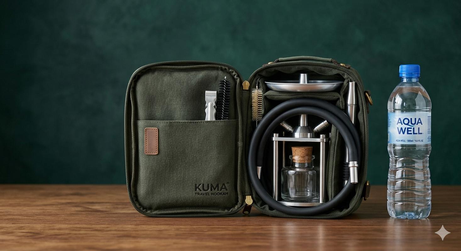 Portable travel hookah folded next to water bottle for size comparison