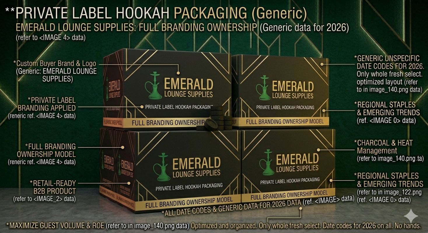 A product photography of private label hookah packaging with the buyer's own brand name and logo printed on the box, demonstrating the full branding ownership model. The branded packaging represents the final retail-ready product. Dark emerald green background.