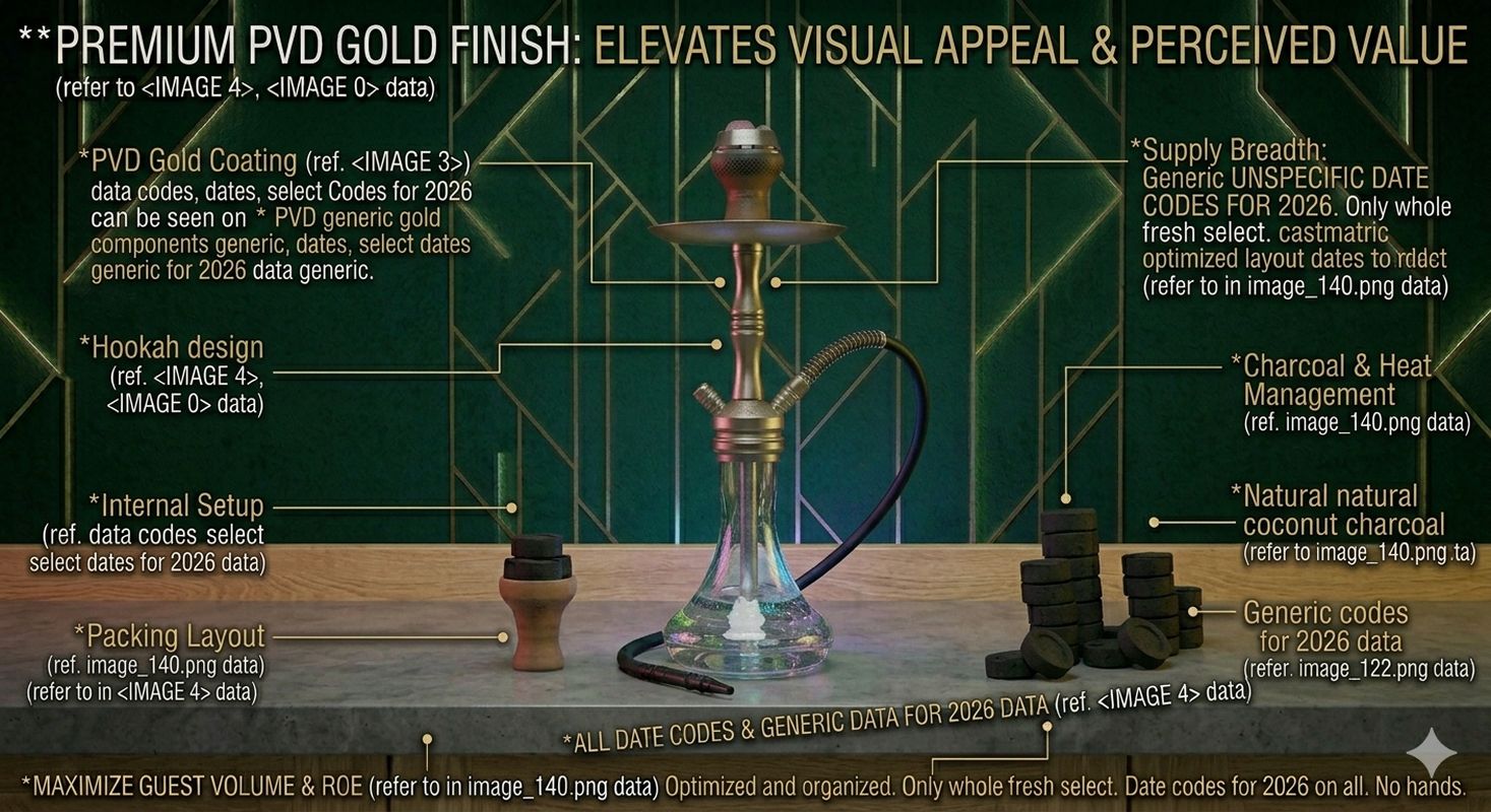A lifestyle product photography of a PVD-coated gold hookah in a high-end VIP lounge setting, demonstrating how the premium finish elevates the visual appeal and perceived value of the hookah. The luxury aesthetic fits upscale venues. Dark emerald green decor.