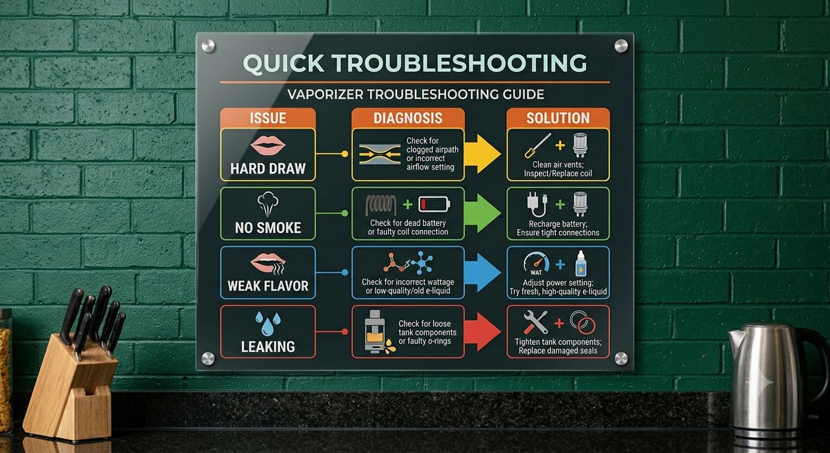 Quick troubleshooting flowchart mounted on kitchen wall for emergency reference