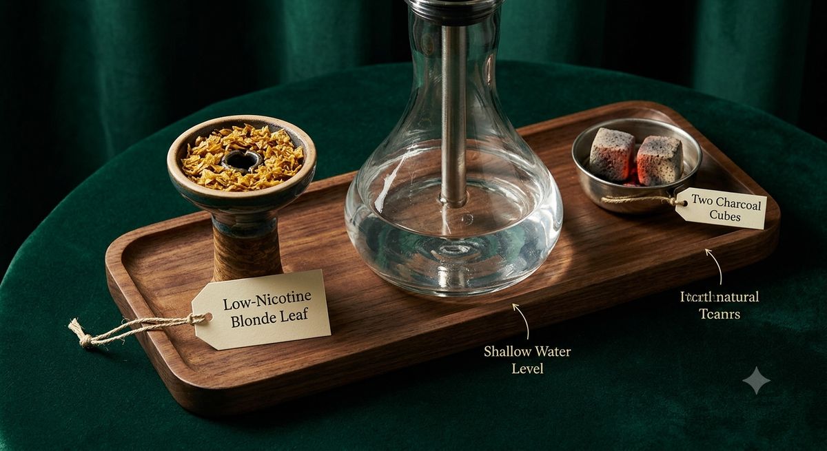 Reduced intensity hookah options showing low nicotine tobacco, shallow water, and fewer coals