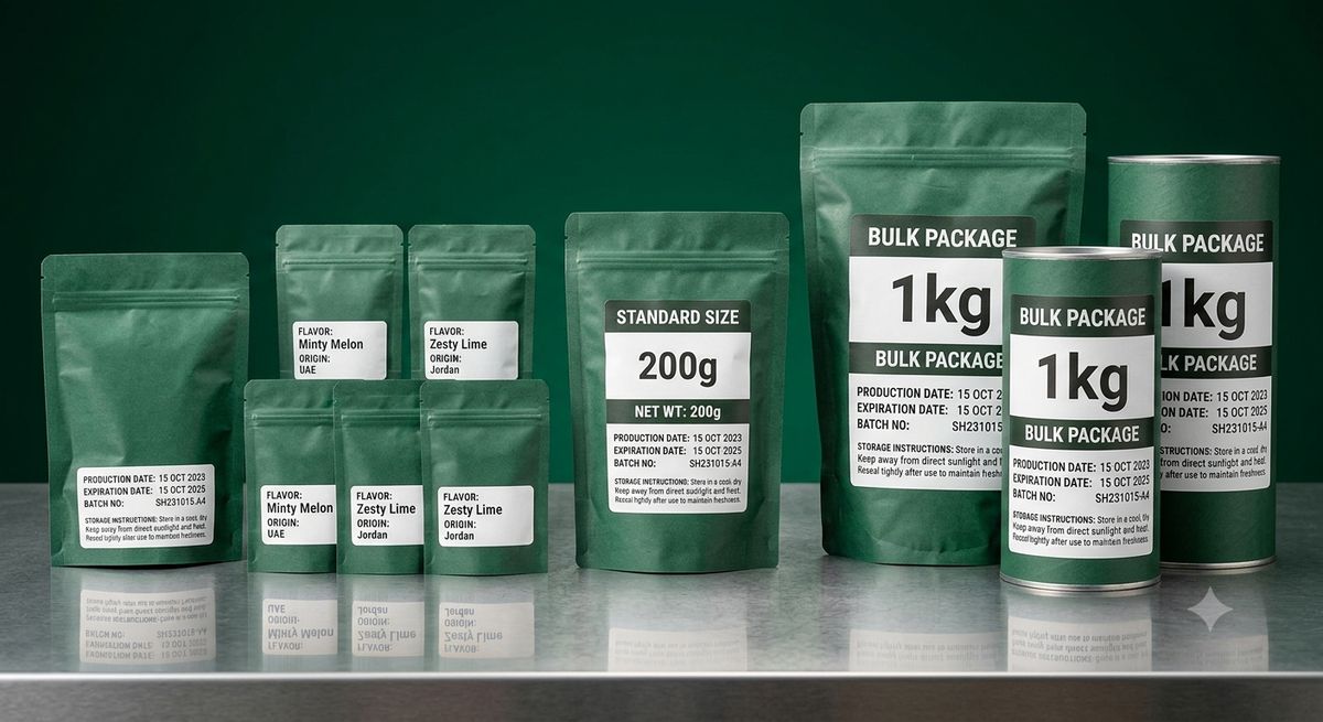 Shisha sample packs 50g versus standard 200g and 1kg bulk packaging size comparison