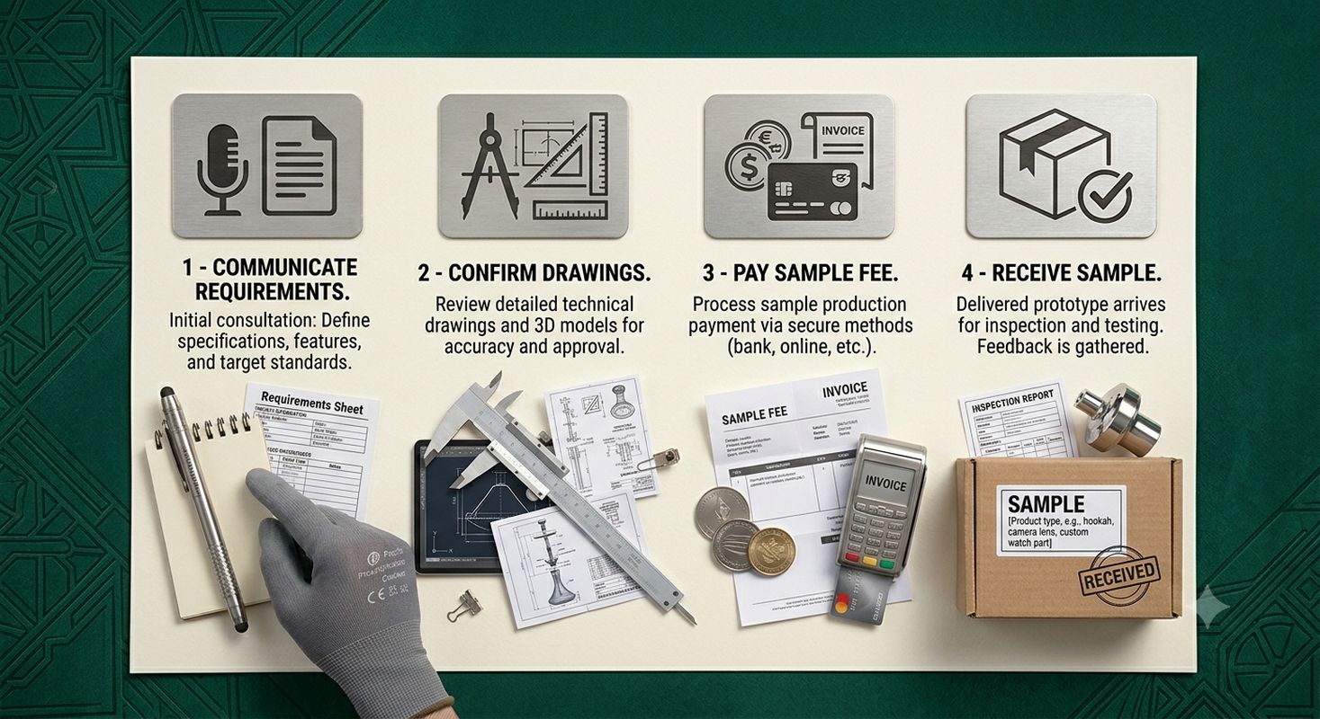 A four-step infographic product photography of sample request process: 1-communicate requirements, 2-confirm drawings, 3-pay sample fee, 4-receive sample. Each step has a clear icon and brief description. Clean process guide. Dark emerald green background.