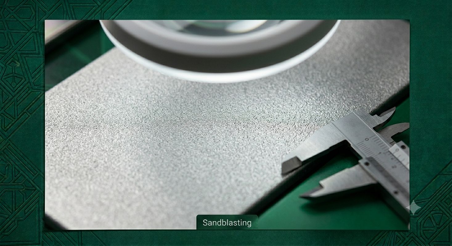 A macro close-up product photography of sandblasted metal surface showing the even matte texture with fine granular finish, uniform light diffusion, and non-reflective appearance. The surface treatment quality is visible in extreme detail. Dark emerald green background.