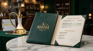 Shisha menu template cover with brand logo, category labels, and cohesive design