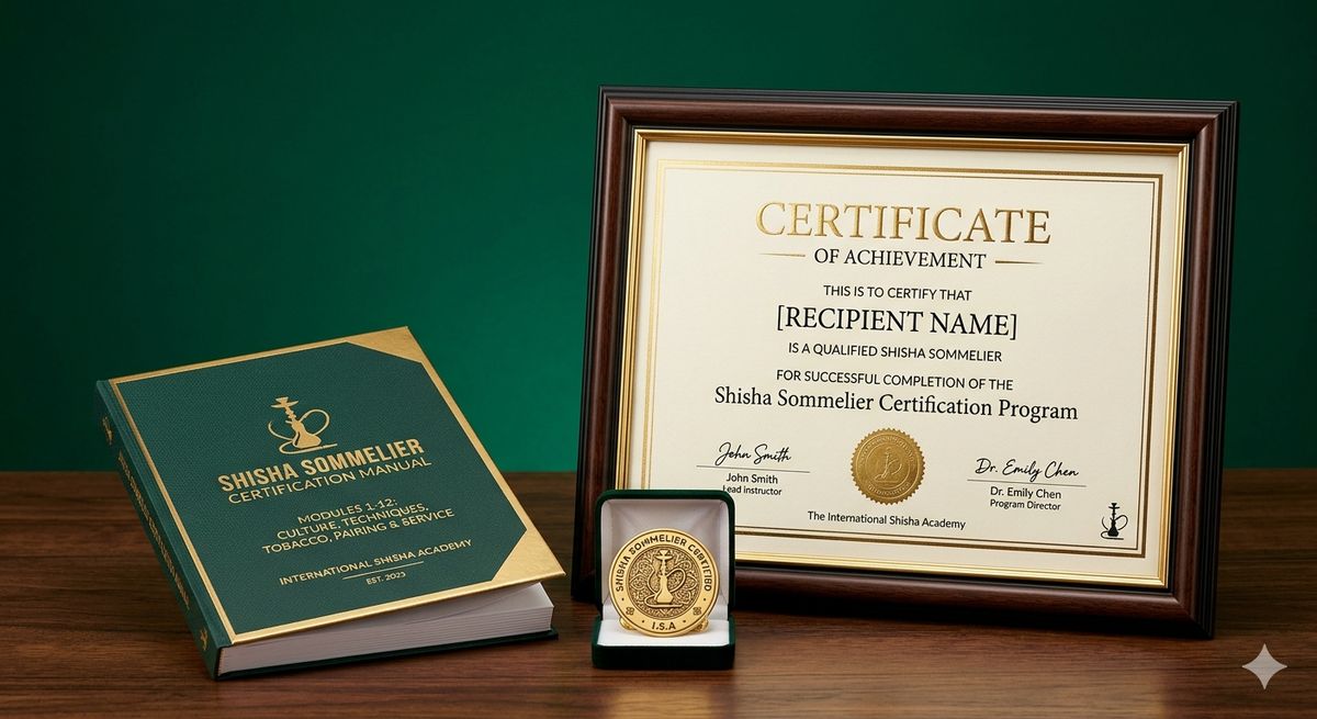 Shisha sommelier certification training showing badge and certificate presentation