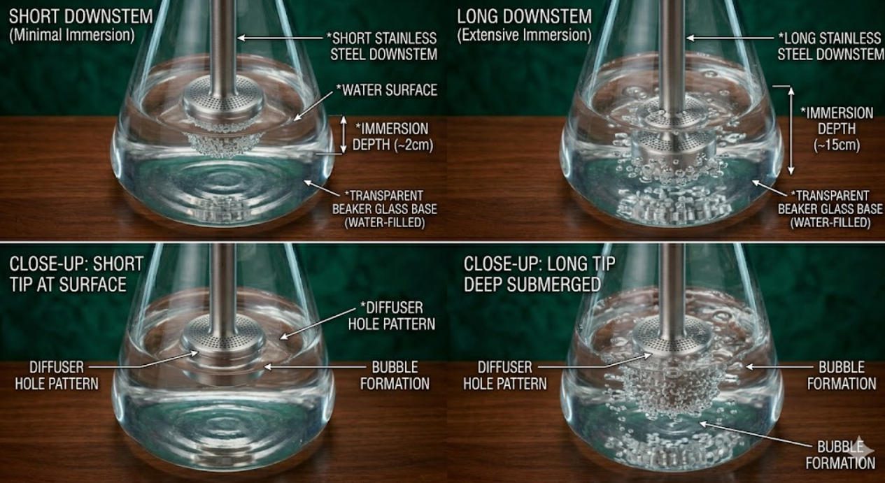 Short versus long downstem water immersion depth comparison in transparent base