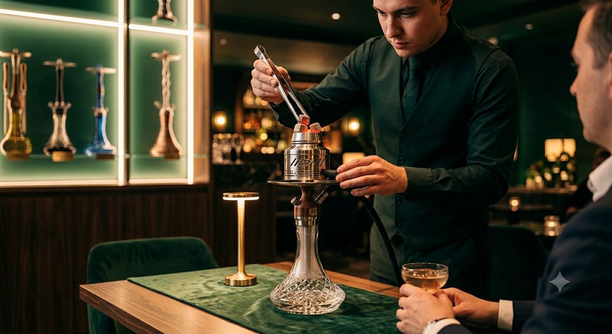 Shisha sommelier adjusting bowl and charcoal tableside for optimal session