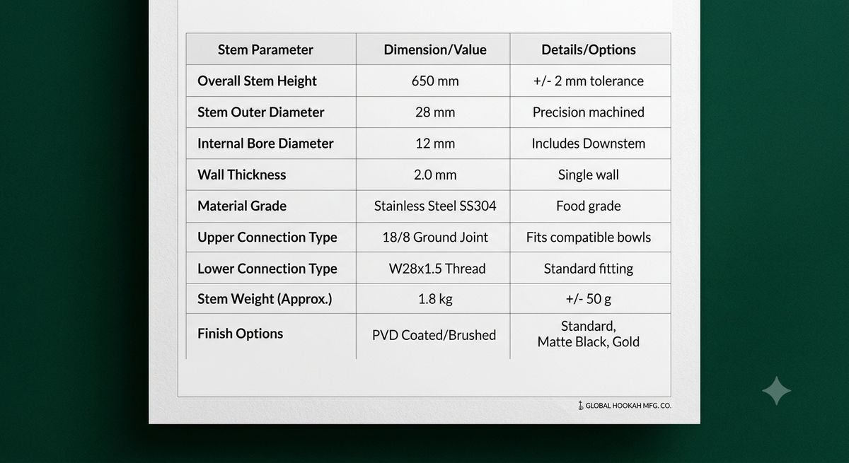Specification sheet interior showing dimension and material parameter tables