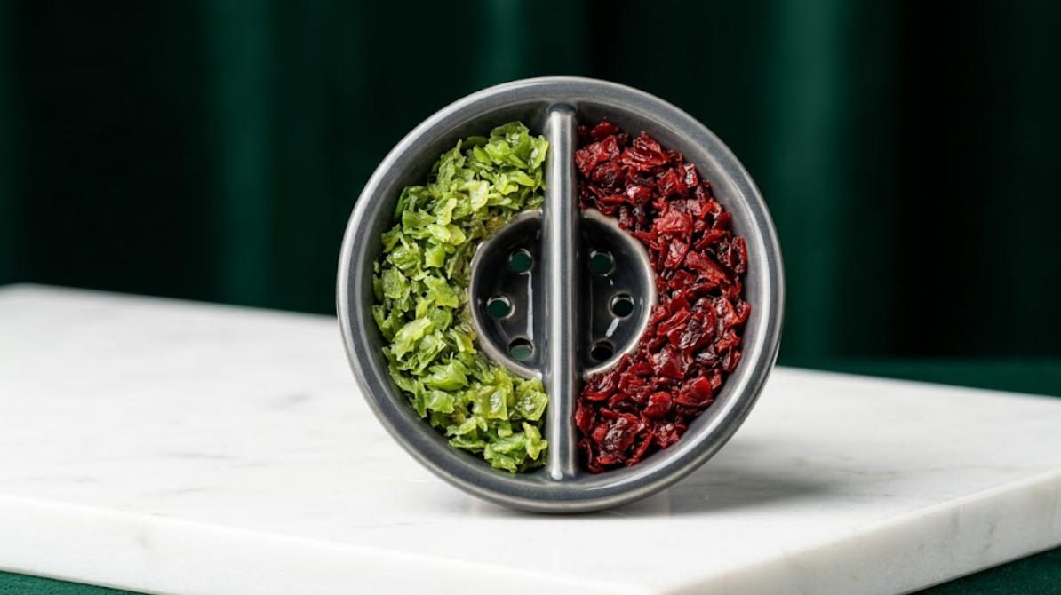 Split bowl with divider showing two separate compartments for dual flavor packing