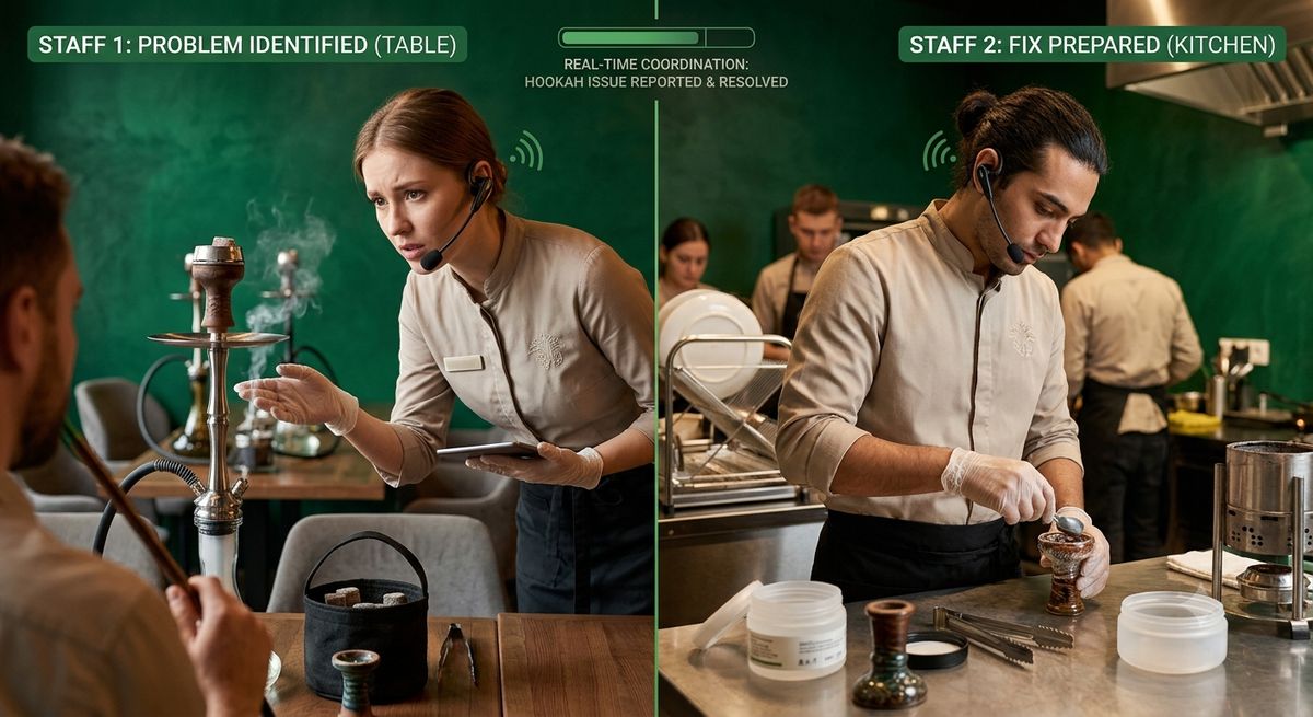 Staff using headset communication for real-time hookah problem reporting during busy service
