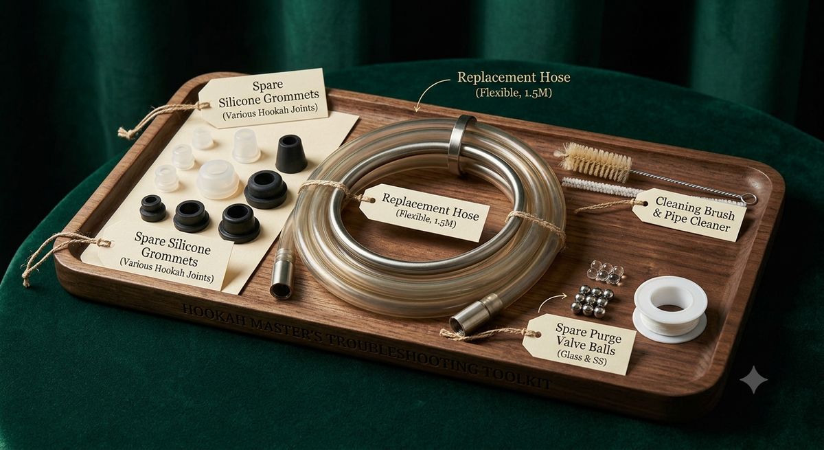 Staff troubleshooting toolkit containing spare grommets, hoses, cleaning rods, and PTFE tape
