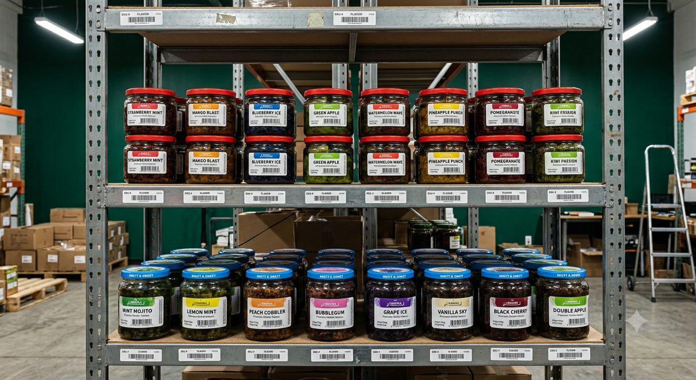 New lounge starter inventory showing 30-40 curated flavors on organized shelves