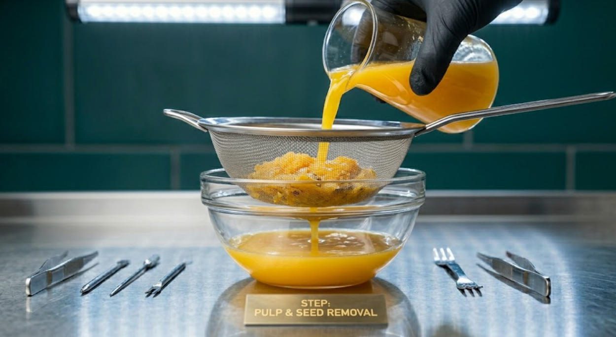 Straining fruit juice to remove pulp before pouring into hookah base