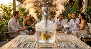 Summer ice hookah promotion on outdoor patio showing seasonal lounge setting