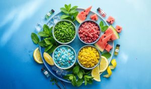 Summer shisha flavors display with mint, watermelon, lemon, and ice fruit on blue background