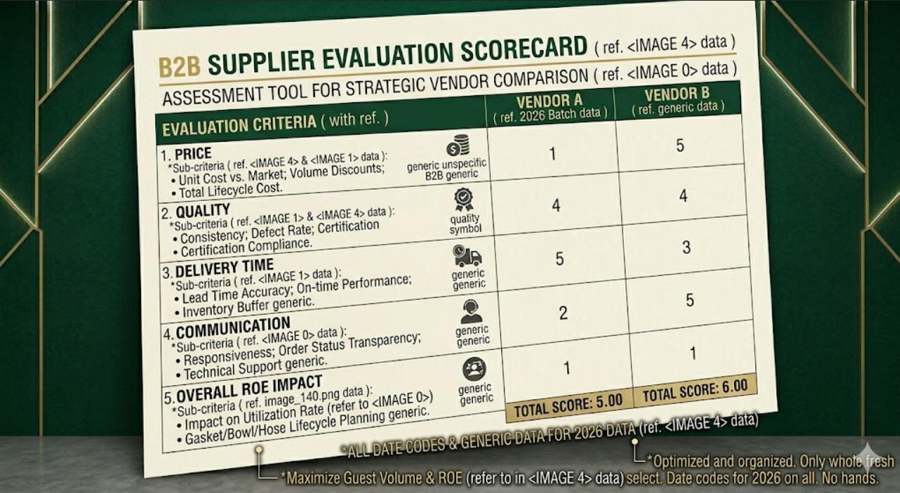 Supplier evaluation scoring matrix showing price, quality, delivery, and communication ratings