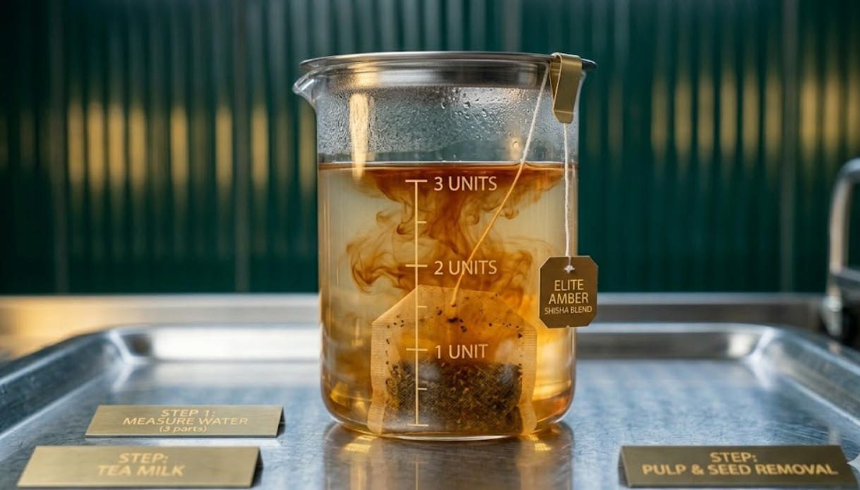 Tea bag steeping directly in hookah base water for enhanced flavor infusion
