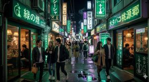 Tokyo shisha lounge street at night with neon signs showing lounge concentration