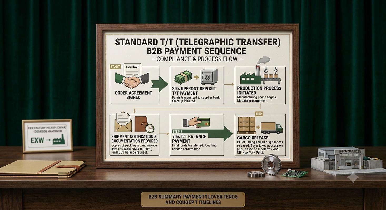 T/T payment flow diagram showing 30% deposit and 70% balance before shipment